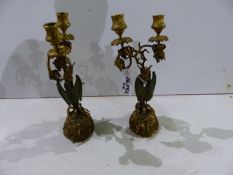 A PAIR OF 19th.C.FRENCH PATINATED AND GILT BRONZE TWIN LIGHT CANDELABRA WITH STORK SUPPORTS ON