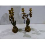 A PAIR OF 19th.C.FRENCH PATINATED AND GILT BRONZE TWIN LIGHT CANDELABRA WITH STORK SUPPORTS ON