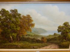 CHILTON (20th.C.) (ARR) LANDSCAPE WITH SEA BEYOND, SIGNED OIL ON CANVAS. 59.5 x 90cms.