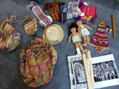 TWO SOUTH AMERICAN, SANTO,DOMINGO DE LOS COLORADOS HAND MADE DOLLS,AN ECUADORIAN WOVEN STRAW HAT,