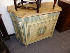 AN ADAM STYLE PAINTED SIDE CABINET OF SHAPED FORM WITH FAUX MARBLE TOP ABOVE CENTRAL CUPBOARD