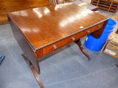 A 19th.C. MAHOGANY INLAID REGENCY STYLE SOFA TABLE WITH YEWWOOD CROSSBANDED TOP AND TWO APRON