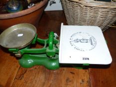 A SET OF ANTIQUE DOUGH SCALES, TWO APOTHECARY JARS, A HAT BOX, COPPER PAN,ETC.