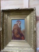 CONTINENTAL SCHOOL (LATE 19th/EARLY 20th.C.) CONTEMPLATIVE MONK, OIL ON BOARD. 20 x 12.5cms.