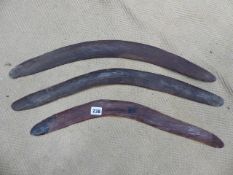 THREE ANTIQUE AUSTRALIAN ABORIGINAL BOOMERANGS.