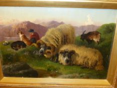 G W HORTON (19th.C.) HIGHLANDER WITH DOGS AND SHEEP IN A LANDSCAPE, SIGNED AND DATED 1869, OIL ON