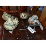 FOUR FIGURES OF BIRDS EACH WITH PAINTED OR PATINATED FINISH.