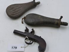 A FLINTLOCK POCKET PISTOL BY NOCK TOGETHER WITH TWO POWDER FLASKS.