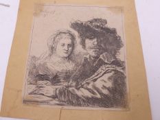 AFTER REMBRANT. VAN RIJN (1606-1669) SELF PORTRAIT WITH SASKIA, ETCHING. SIGNED AND DATED IN THE