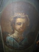 AN 18th.C.OAK PANEL DOOR CORNER CABINET, THE INTERIOR PAINTED WITH A PERIOD PORTRAIT OF A YOUNG