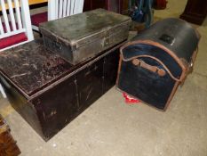 AN ANTIQUE LEATHER BOUND DOME TOP TRUNK, VARIOUS TIN TRUNKS,ETC.