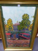 DAVID GRAVES (20th.C.) (ARR). CANAL BOATS, SIGNED WATERCOLOUR ON SILK. 86 x 50cms.