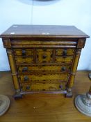 A 19th.C.APPRENTICE CHEST WITH BURR WOOD AND INLAID DECORATION. W.42 X H.46cms.