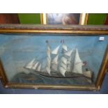 A GOOD 19th.C.FOLK ART DIORAMA OF A THREE MASTED SAILING SHIP. W.100 x H.64cms.