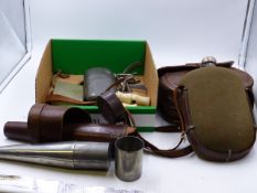 VARIOUS HUNTING AND SHOOTING ACCESSORIES, BOOT PULLS. SPURS, STIRRUP CUP, SANDWICH TINS,ETC.