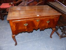 A GEORGIAN AND LATER WALNUT LOWBOY WITH DEEP FRIEZE DRAWER ON SHAPED CABRIOLE LEGS. W.98cms.