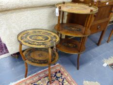 TWO BRASS MOUNTED FRENCH MAQUETRY INLAID ETAGERES, ONE WITH THREE TIERS, THE OTHER WITH TWO.