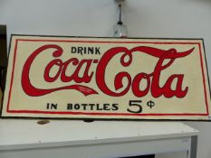 A VINTAGE STYLE HAND PAINTED ON CANVAS COCA-COLA ADVERTISING SIGN.