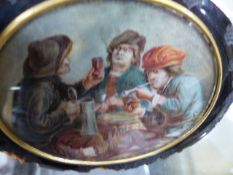 A 19th.C.MINIATURE WATERCOLOUR IN THE MANNER OF TENIERS DEPICTING THREE REVELLERS IN A TAVERN,