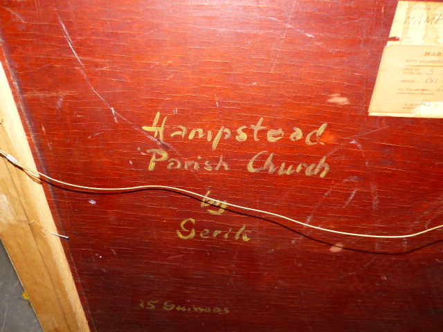 GERIK SCHJELDERUP (1899-1985) (ARR) HAMPSTEAD PARISH CHURCH, SIGNED WITH INITIALS, OIL ON PANEL. - Image 9 of 15