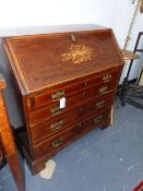 A GEORGIAN MAHOGANY INLAID SLANT TOP BUREAU FITTED INTERIOR ABOVE LONG DRAWERS ON BRACKET FEET. H.