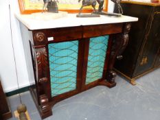 A Wm.IV.ROSEWOOD MARBLE TOP CHIFFONIER SIDE CABINET WITH LATTICE PANEL DOORS FLANKED BY CARVED
