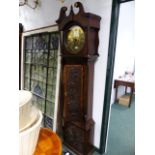 A 19th.C.OAK CASED 8-DAY LONG CASE CLOCK WITH CARVED CASE, 13" ROUND DIAL TITLED UTOXETER. H.
