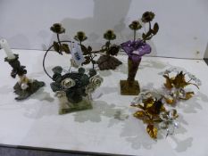 A GROUP OF ANTIQUE AND LATER FLOWER ORNAMENTS AND CANDLESTICKS, SOME MOUNTED WITH PORCELAIN AND