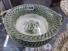 A PAIR OF SPODE GREEN TRANSFER PRINTED CHESTNUT BASKETS. Dia.20cms. A 19th.C.COMPORT WITH PEDESTAL