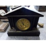 A GROUP OF CLOCKS TO INCLUDE THREE VICTORIAN SLATE MANTLE CLOCKS, A NAPOLEON HAT CLOCK, AN