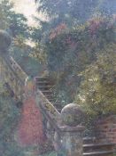 ERNEST OWEN COOKE (1862-1937) PEACOCK ON A STONE BALUSTRADE IN EVENING SHADOWS, SIGNED AND DATED '87