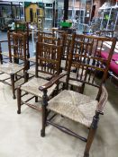 TEN ANTIQUE AND LATER LANCASHIRE RUSH SEAT SPINDLE BACK DINING CHAIRS.