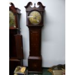 A GEO.III.OAK, MAHOGANY AND INLAID 8-DAY LONG CASE CLOCK WITH 13 " ROUND BRASS DIAL SIGNED