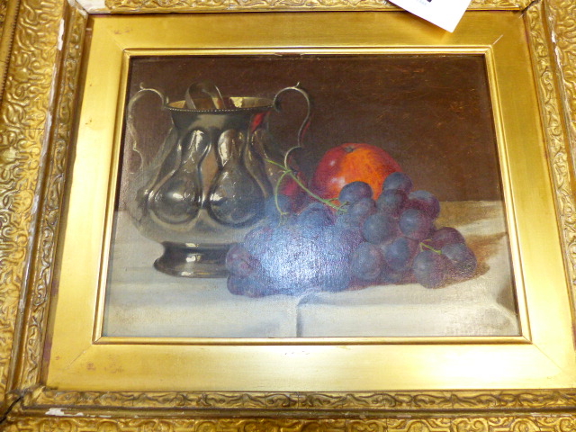 CIRCLE OF EDWARD LADELL. STILL LIFE OF SILVER SUGAR BOWL, GRAPES AND APPLE OIL ON BOARD. 16.5 x 21.