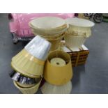 A LARGE COLLECTION OF SILK AND OTHER BESPOKE AND DESIGNER LAMPSHADES OF VARIOUS DESIGN AND SIZE.