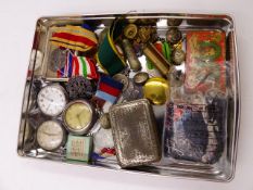 A COLLECTION OF WWII MEDALS AND BADGES, A BORE SIGHT, THREE POCKET WATCHES, A SILVER DOG SHOW