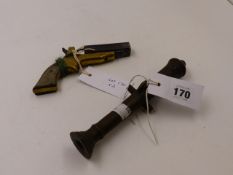 AN OBSOLETE CALIBRE .32 RIMFIRE SHARPS FOUR SHOT POCKET PISTOL AND A MINIATURE BRONZE CANNON.