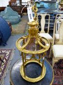 A GILT METAL FRENCH STYLE HALL LANTERN FRAME. H.55cms.