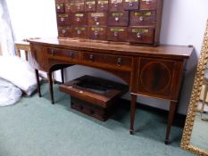 A GOOD QUALITY GEO.III. MAHOGANY AND INLAID BOW FRONT SIDEBOARD/SERVER WITH LION MASK HANDLES AND