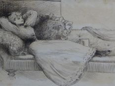 A LATE 19th/EARLY 20th.C. PEN AND INK ILLUSTRATION OF A LADY RECLINING ON A CHAISE LONGUE