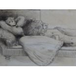 A LATE 19th/EARLY 20th.C. PEN AND INK ILLUSTRATION OF A LADY RECLINING ON A CHAISE LONGUE