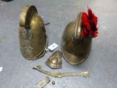 TWO FRENCH BRASS FIREMAN'S HELMETS.