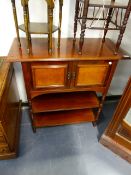 A LATE VICTORIAN MAHOGANY BUFFET CABINET WITH PANELLED DOORS OVER TWO LOWER TIERS STAMPED