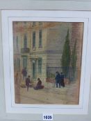 ENGLISH SCHOOL, FIGURES IN A STREET, WATERCOLOUR. 24 x 19cms.