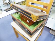 A 19t.C.WALNUT TEA CADDY TOGETHER WITH A PAINTED TIN FITTED DEED BOX.