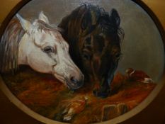 STYLE OF JOHN FREDERICK HERRING SENR. TWO HORSES AND PIGEONS EATING HAY, BEARS INITIALS, OIL ON