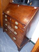 A GOOD GEO.III.MAHOGANY FALL FRONT BUREAU WITH SHAPED STEPPED INTERIOR OVER A SINGLE FRIEZE DRAWER