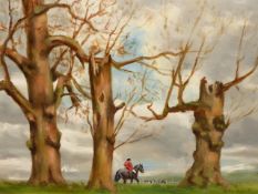 HEATHER BUDGETT (20th.C.) (ARR) HUNTSMEN AND HOUNDS IN A LANDSCAPE, SIGNED AND DATED 1976, OIL ON