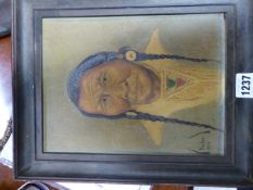 PERCY TWO GUN, 20th.C.CANADIAN. PORTRAIT OF A NATIVE AMERICAN, SIGNED AND DATED 1954, OIL ON