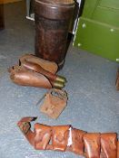 TWO 19th.C.BRASS MOUNTED LEATHER HOLSTERS, SWORD FROG, BANDOLIER AND A SHOT CARRIER.